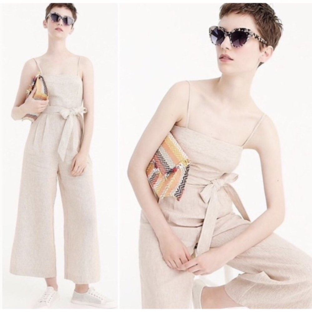 Striped linen jumpsuit with tie